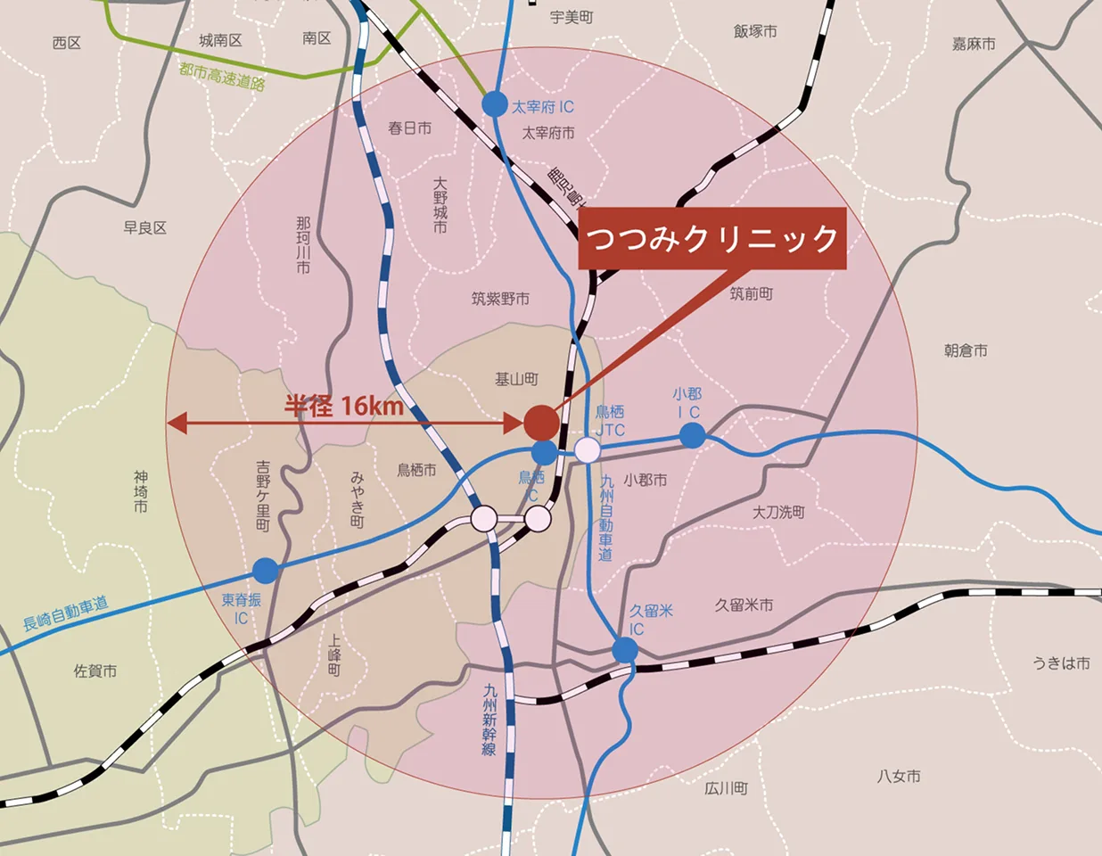 つつみクリニック鳥栖本院の診療エリアマップ